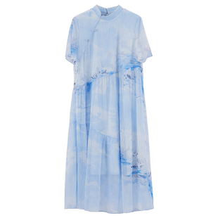 Distin Kidny/迪凯新中式印花女优雅夏季文艺立领旗袍中长连衣裙