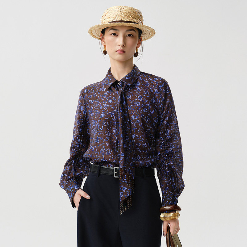 Distin Kidny/迪凯秋季新品莱赛尔垂感复古印花优雅衬衫女装上衣