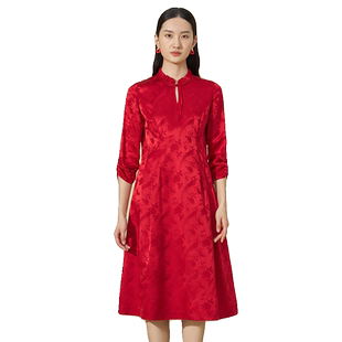 Distin Kidny/迪凯中国红国风连衣裙女秋冬款婚礼年会穿搭裙子女