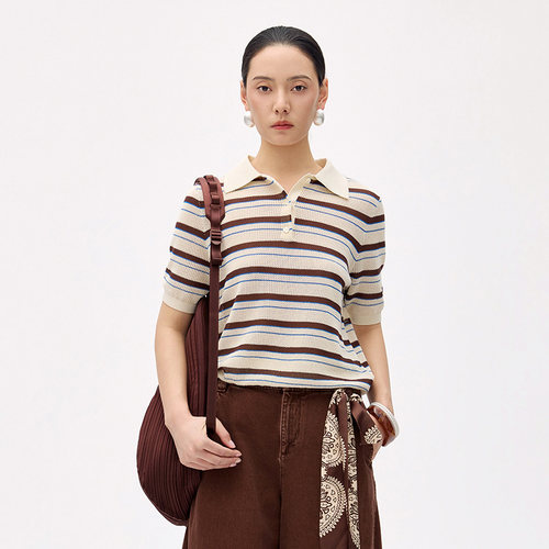 老钱风棉质学院条纹polo衫女上衣