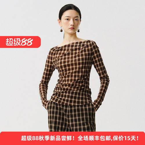 简约不对称设计感格纹针织女上衣