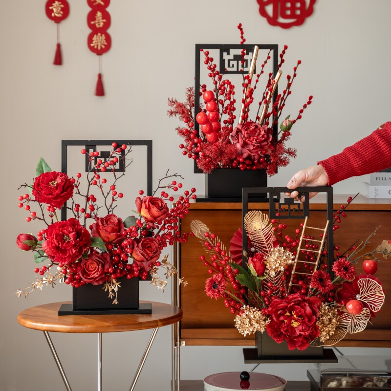 中式国风订婚宴拍照装饰花红金配色婚房花摆件结婚乔迁喜庆摆台花