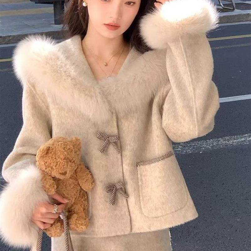 小香风双面羊毛套装女秋冬江浙沪千金穿搭仿狐狸毛外套半裙两件套,女装/女士精品,时尚套装,淘宝优惠券,粉丝福利购,淘宝优惠卷