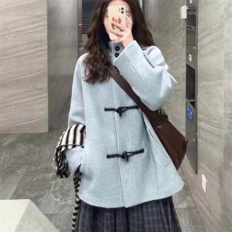 蓝色连帽牛角扣大衣女显瘦2025春季新款韩版宽松温柔时尚毛呢外套,女装/女士精品,时尚套装,淘宝优惠券,粉丝福利购,淘宝优惠卷