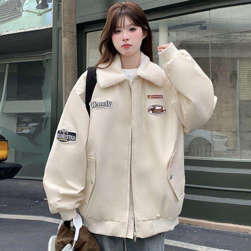 美式宽松保暖外套翻领棉衣2025新款冬季夹棉贴布情侣加厚棒球棉服,女装/女士精品,时尚套装,淘宝优惠券,粉丝福利购,淘宝优惠卷