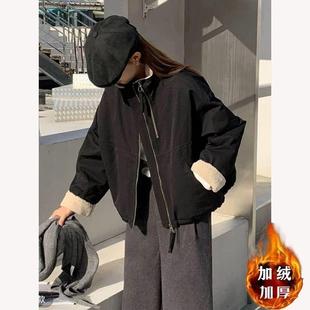 拼接立领棉衣2025新款派克加厚羊羔冬季短款毛韩版加绒宽松外套女