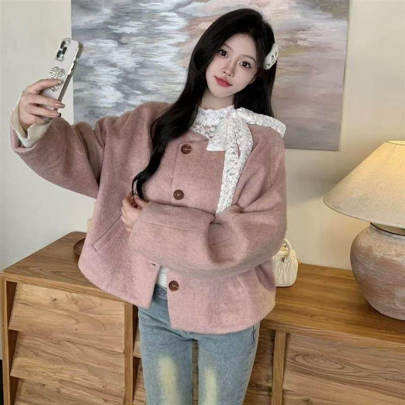 韩系甜美减龄粉色毛呢外套2025秋冬新款温柔开衫上衣,女装/女士精品,时尚套装,淘宝优惠券,粉丝福利购,淘宝优惠卷