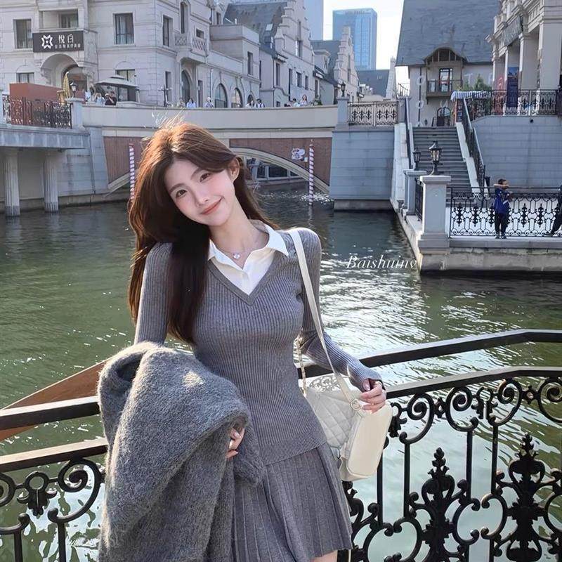 套装女2025秋冬新款韩系学院风修身短款假两件针织上衣高腰半身裙,女装/女士精品,时尚套装,淘宝优惠券,粉丝福利购,淘宝优惠卷