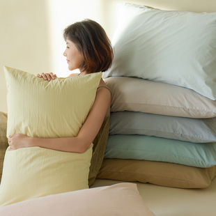 A类纯色长绒棉砂洗全棉枕套单个48x74枕头套一对装 成人枕芯内胆套