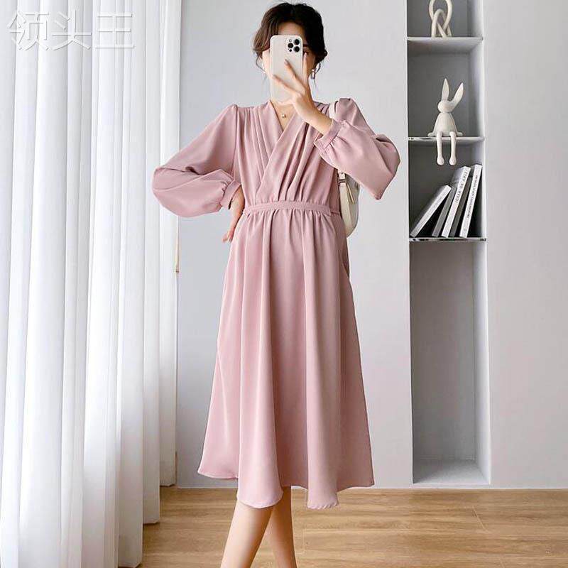 孕妇装秋季时尚款宽松显瘦纯色休闲收腰绑带孕妇连衣裙有口袋潮妈