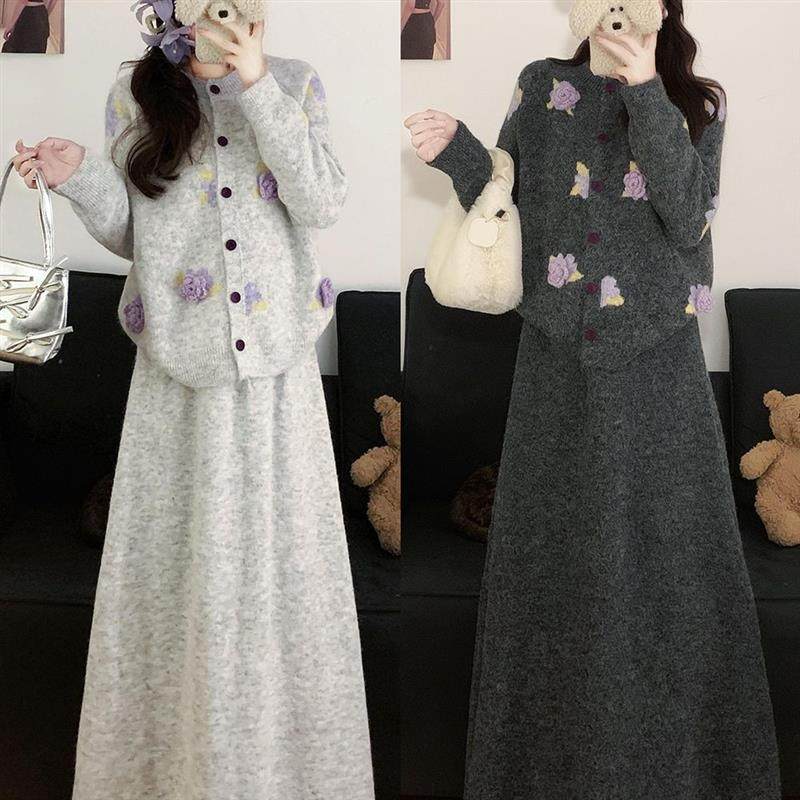 韩版冬季新款大码立体花朵设计感针织开衫中长款半身裙套装毛衣裙,女装/女士精品,时尚套装,淘宝优惠券,粉丝福利购,淘宝优惠卷