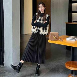 小香风气质毛边格子马甲配打底针织百褶连衣长裙套装 两件套 女秋季