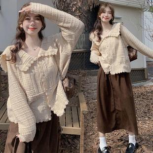 吊带连衣裙女两件套装 甜美娃娃领毛衣针织开衫 200斤 胖mm法式 大码