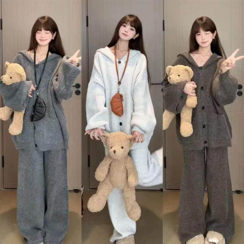 韩系穿搭秋冬套装复古慵懒宽松连帽开衫外套休闲裤子加厚两件套女,女装/女士精品,时尚套装,淘宝优惠券,粉丝福利购,淘宝优惠卷