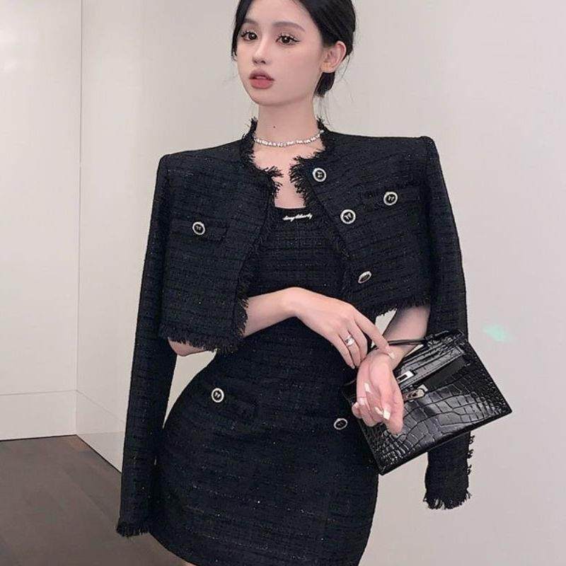 新款氛围感小香风时尚纽扣短外套女小众秋冬气质复古包臀裙两件套,女装/女士精品,时尚套装,淘宝优惠券,粉丝福利购,淘宝优惠卷