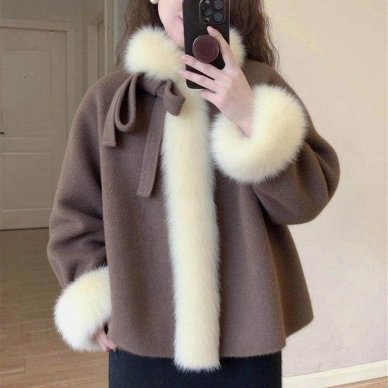 2025新款爆款咖色毛领披肩斗篷呢子大衣女小个子短款宽松毛呢外套,女装/女士精品,时尚套装,淘宝优惠券,粉丝福利购,淘宝优惠卷