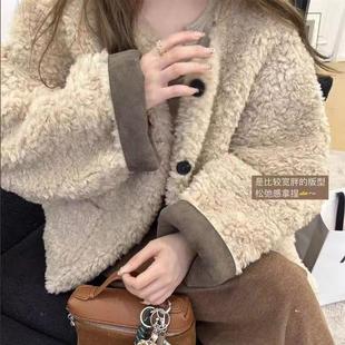 短款宽松慵懒毛毛外套女冬加厚仿羊羔保暖大衣高级休闲圆领上衣