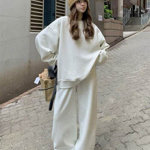 加绒加厚休闲运动套装女秋冬新款宽松慵懒风套头圆领卫衣裤两件套