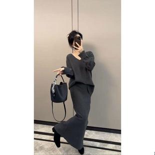 慵懒风套装 名媛V领保暖针织毛衣高腰包臀半身长裙 女2025秋冬新款