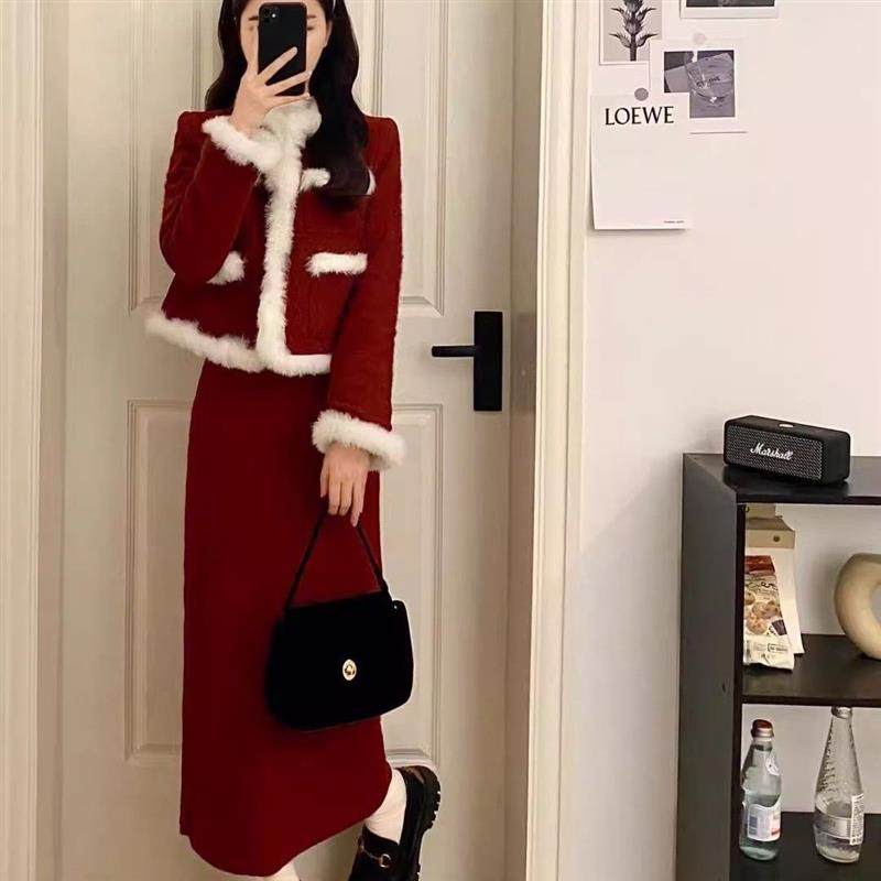 红色连衣裙套装女小香风2025高级新年战袍毛呢外套两件一整套,女装/女士精品,时尚套装,淘宝优惠券,粉丝福利购,淘宝优惠卷