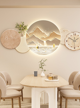 奶油侘寂风餐厅装饰画带钟表抽象花卉壁画石来运转砂岩背景墙