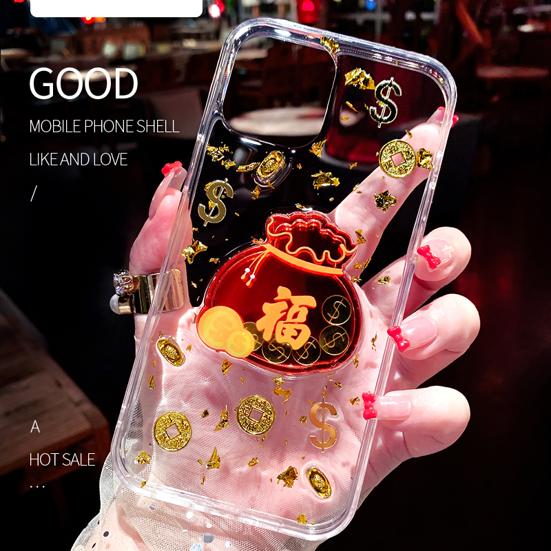 适用苹果16原创手机壳iphone15promax新款14滴胶13金箔xr防摔8plus透明xs保护套mini女7硅胶12好运se招财福袋