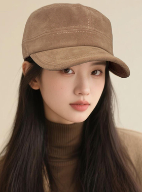 2025韩国显高颅顶平顶帽男女款古早味韩女感麂皮绒酷感挺阔马术帽