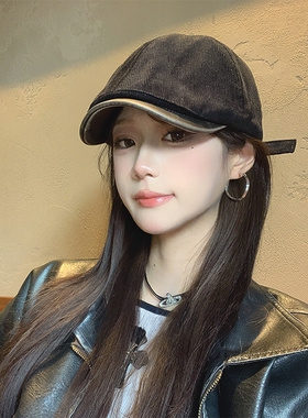 2025男女灯芯绒秋冬季贝雷帽大头围黑色棕色显脸小画家帽子鸭舌帽