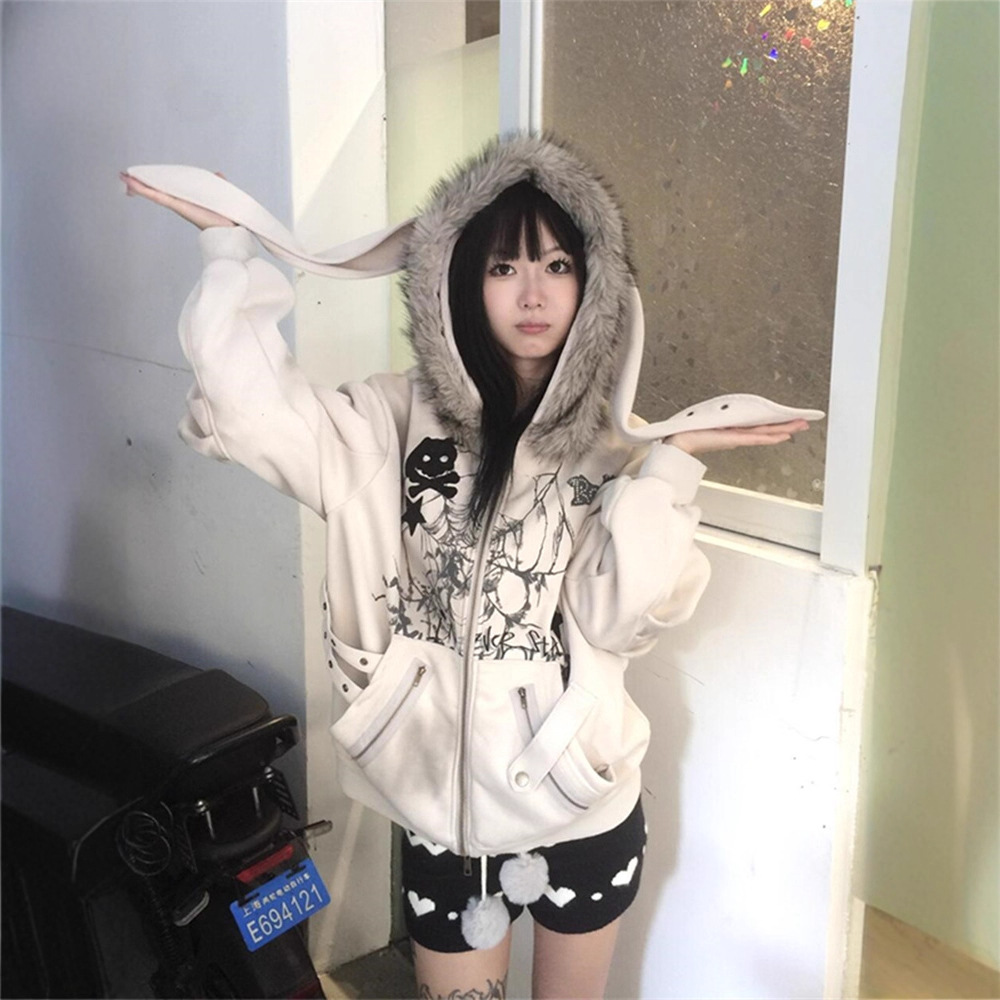 毛领兔耳朵卫衣外套女亚文化设计感小众开衫秋冬季宽松连帽棉上衣