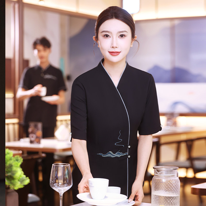 新中式服务员工作服短袖女夏季高档酒店饭厅饭店餐饮送菜服装印字