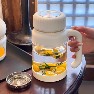 德国简约大容量玻璃水杯女新款 2025带把女士办公室泡茶水分离杯子