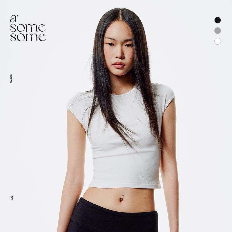 asomesome连肩白色修身短袖t恤女短款圆领弹力紧身内搭无袖上衣