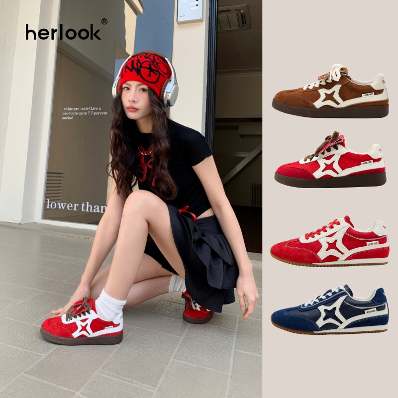 【裴佳欣同款】HERLOOK星星德训鞋女红色复古真皮休闲内增高板鞋