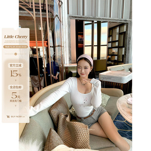 小cherry 长袖 蝴蝶结小兔 女针织提花修身 上衣 微胖方领打底衫 肉装