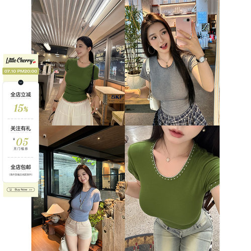 撞色绣花微胖显瘦正肩圆领修身T