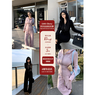 连帽收腰外套中腰卫裤加绒套装