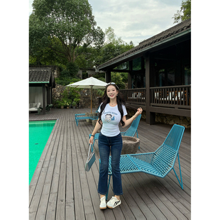 肉装小cherry 复古回潮 微胖撞色明线斜门襟微喇休闲九分牛仔裤女