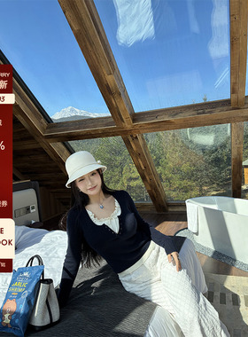 肉装小cherry 陷进温柔 微胖撞色假两件纯欲U领木耳边针织上衣女