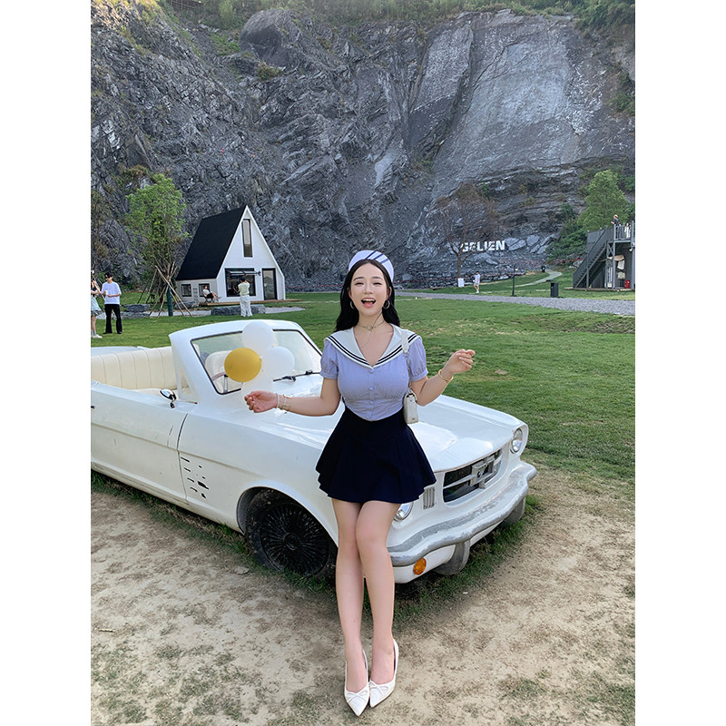 肉装小cherry 航海梦想家 微胖海军领条纹衬衣V腰压褶半裙套装夏