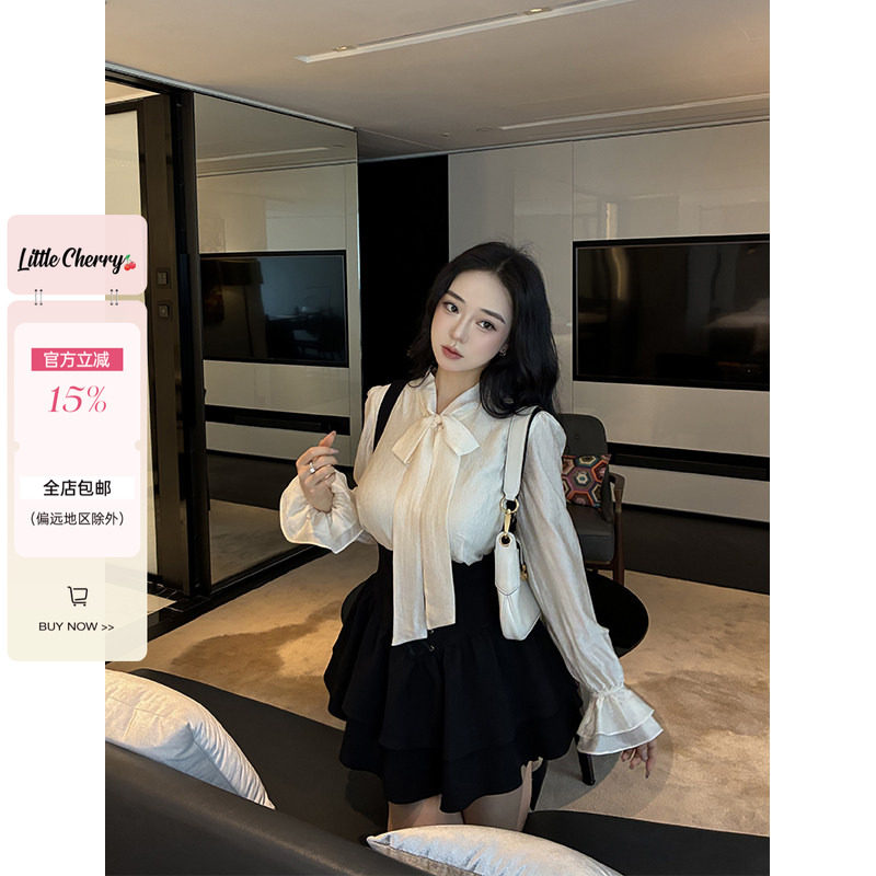 肉装小cherry 春日浪漫 微胖飘带领蝴蝶结上衣气眼系带背带裙套装