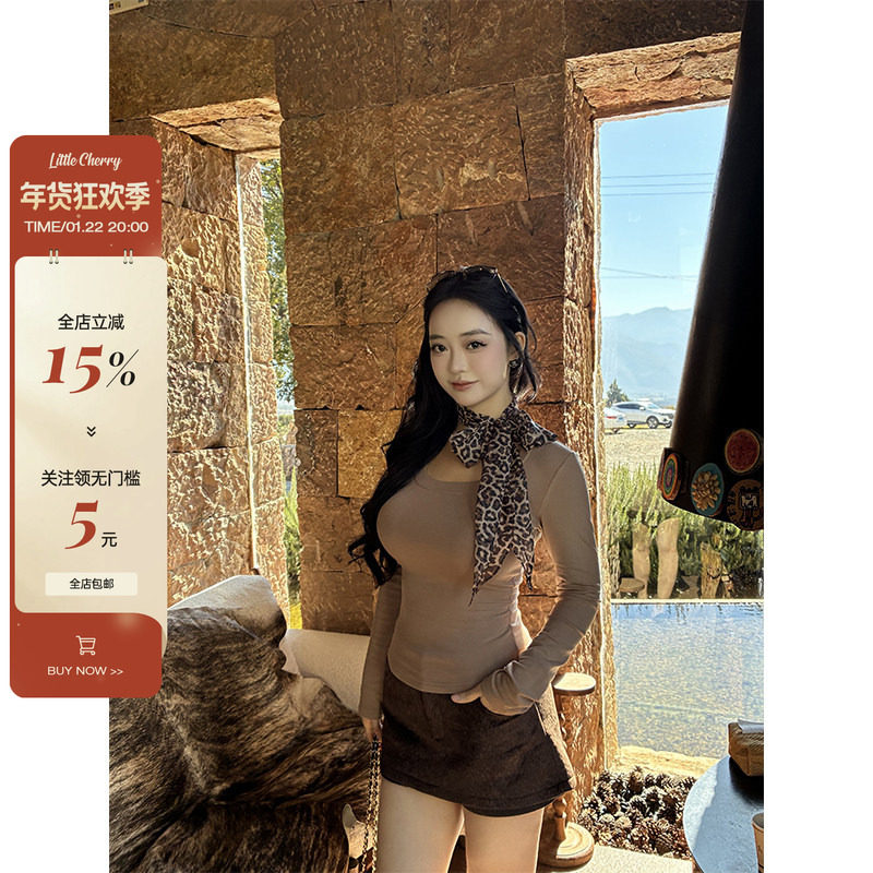 肉装小cherry 美貌野心家 大U领豹纹丝巾打底T恤微胖修身针织上衣,女装/女士精品,毛针织衫,淘宝优惠券,粉丝福利购,淘宝优惠卷