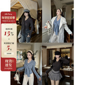 肉装 微胖V领带垫肩收腰上衣海军领小披肩套装 小cherry 极简慵懒