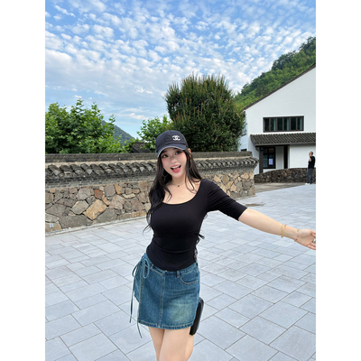 不规则绑带短裤女假两件牛仔裙裤