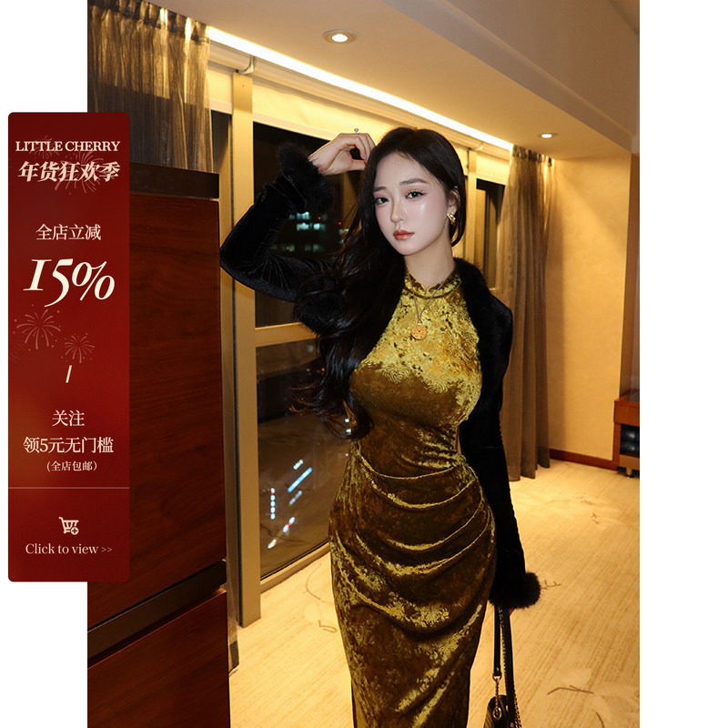 肉装小cherry 日光鎏金 立领微胖收腰旗袍连衣裙丝绒毛毛开衫套装,女装/女士精品,时尚套装,淘宝优惠券,粉丝福利购,淘宝优惠卷