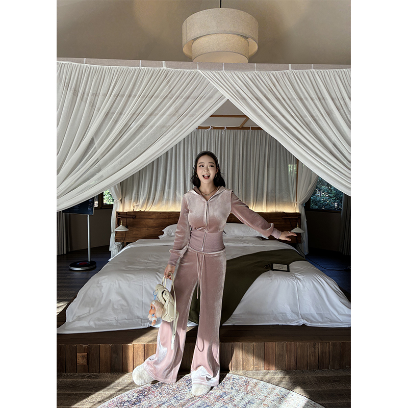 大兜帽外套高腰直筒裤丝绒套装女