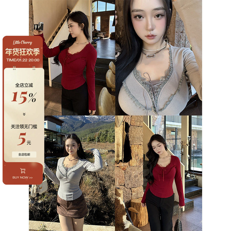 肉装小cherry 灯下月影 纯欲V领镂空绑带针织衫微胖网纱拼接上衣,女装/女士精品,毛针织衫,淘宝优惠券,粉丝福利购,淘宝优惠卷