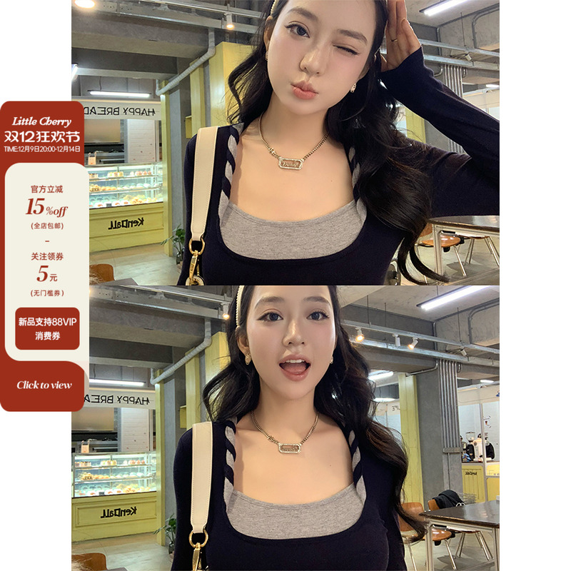 纯欲方领撞色扭结假两件上衣女