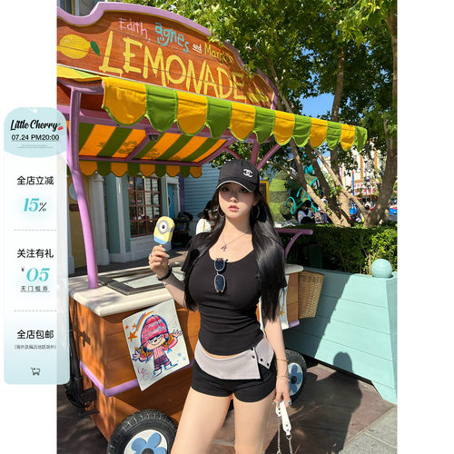 肉装小cherry 黑渊白简 夏季微胖辣妹翻边撞色热裤中低腰包臀短裤