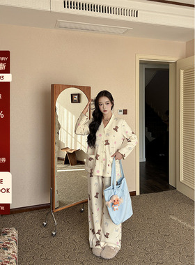 肉装小cherry 眠眠小熊派对 童趣印花柔感睡衣套装微胖秋冬家居服