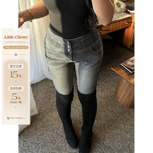 微胖高腰提臀显瘦时髦小脚弹力薄绒牛仔裤 柔雾灰调 小cherry 肉装
